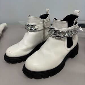 White Leather Chain-Trim Chelsea Booties for Girls
